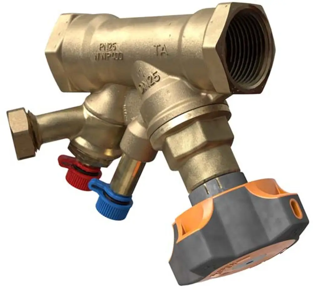 Einregulierventil aus Messing von IMI Hydronic Engineering mit zwei Absperrventilen in blau und rot, einem Gewindeanschluss und einem runden Handrad.